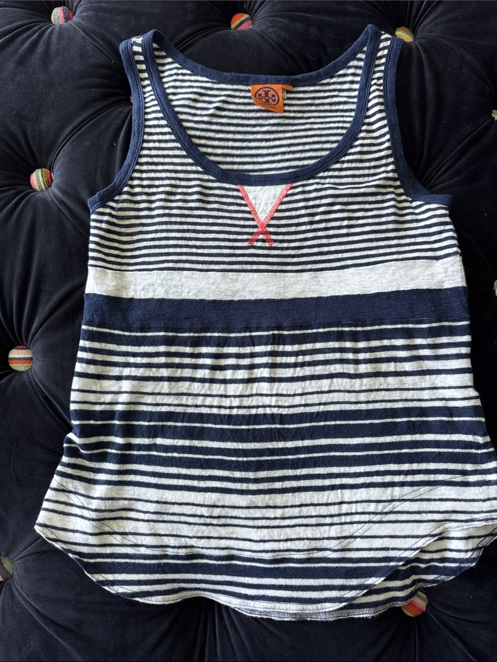 Striped Navy & White Tank with Orange Accent